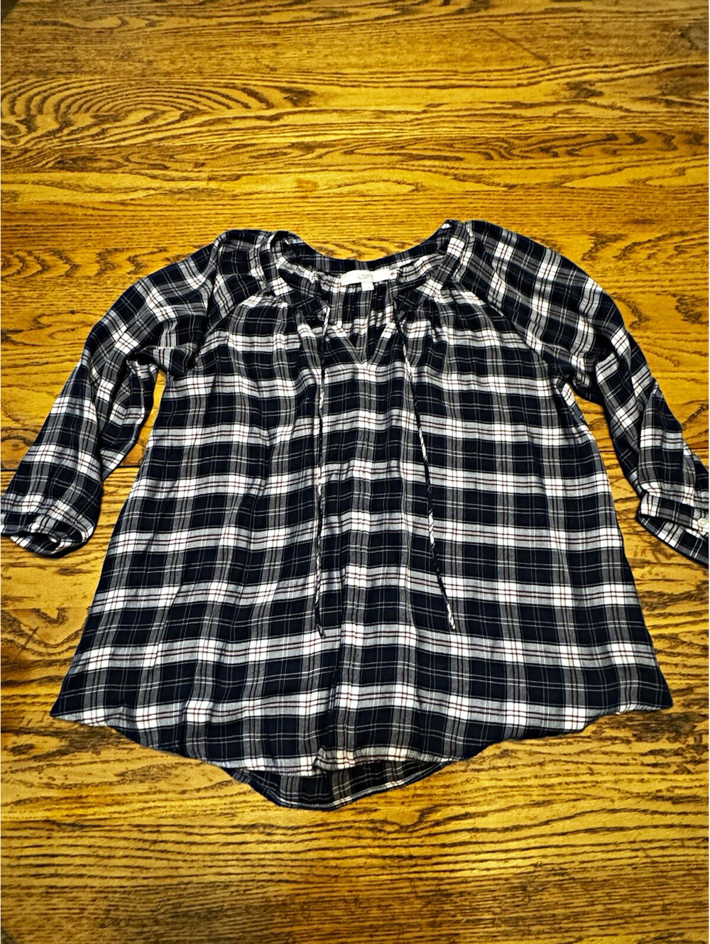 LOFT Womens S Navy Plaid V-Neck 3/4 Sleeve Peasant Blouse Tie Button Woven